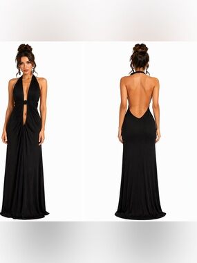 💕Ema Savahl -  Black Halter Knot-Front Backless Maxi Dress